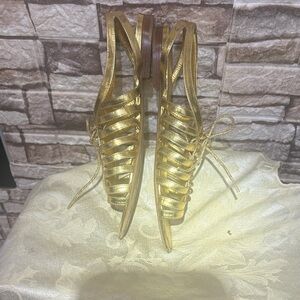CHANEL Metallic Gold Lace-Up Flat Sandals